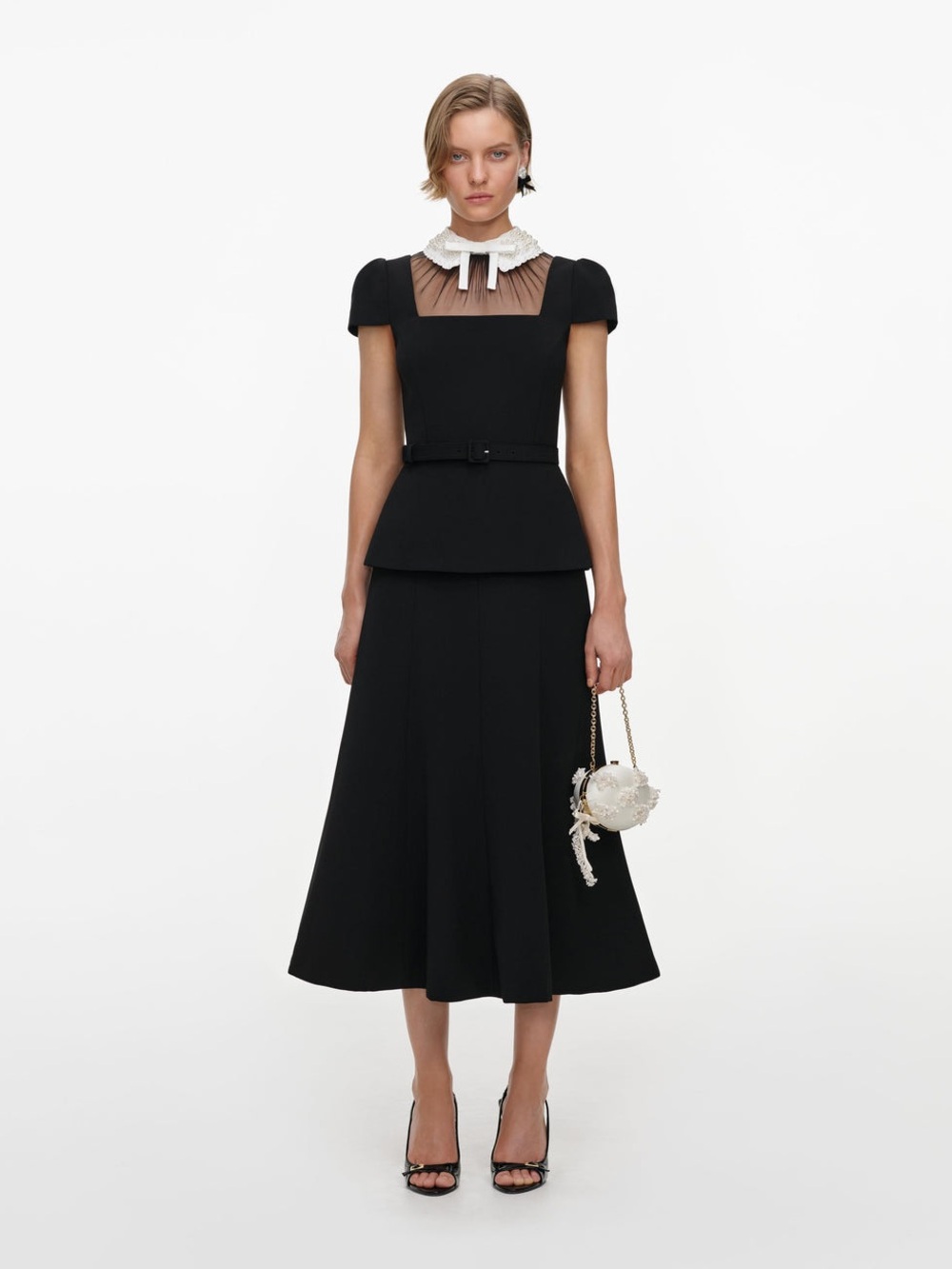NWOT Self-Portrait Black Crepe Bow Peplum Midi Dress, Size US 6